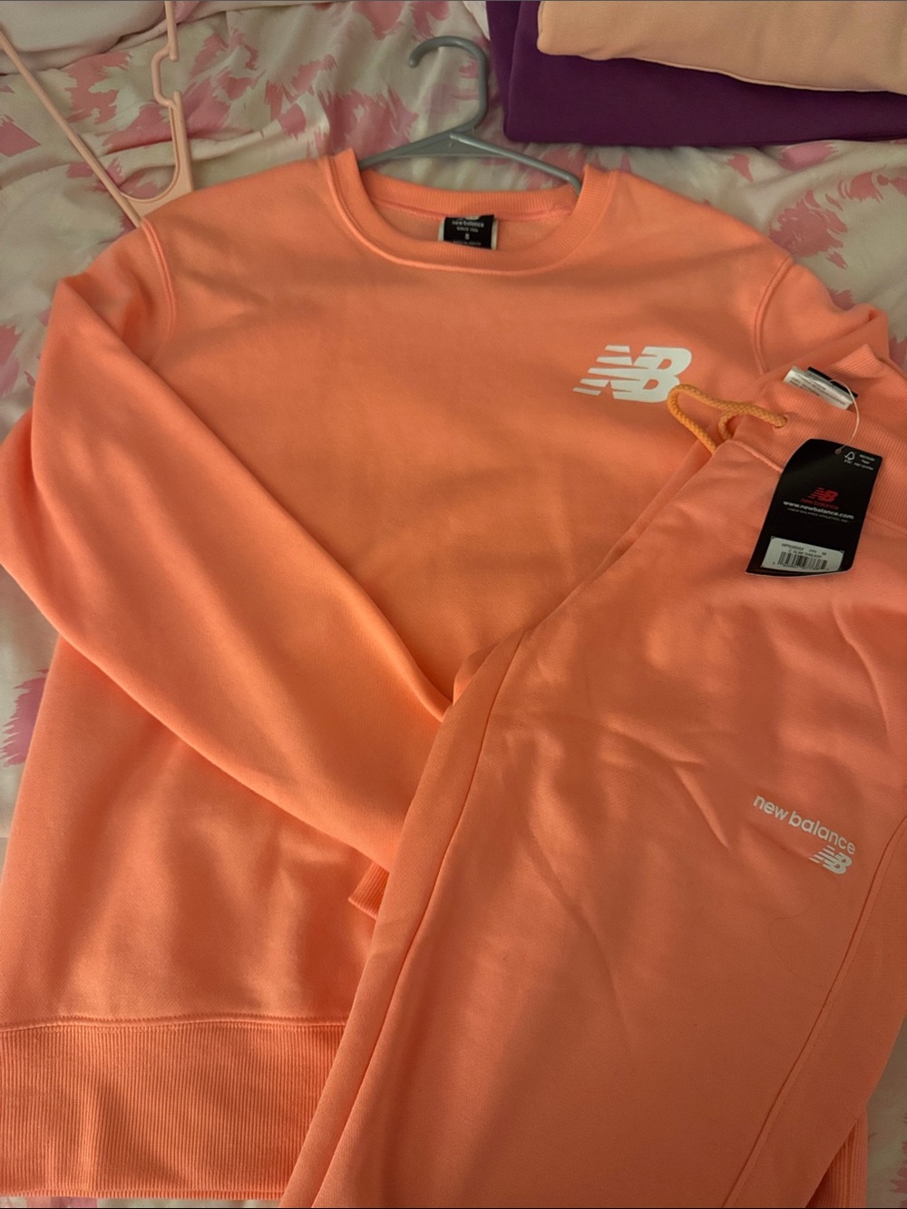 New Balance Women’s Crewneck(S) and  (M) Joggers Set - Peach Orange
